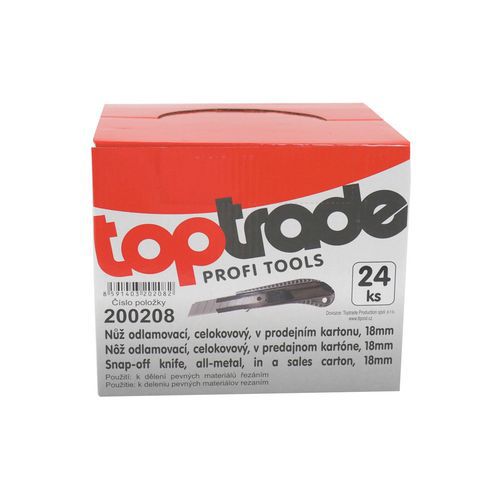 TOPTRADE nôž odlamovací, celokovový, v predajnom kartóne, 18 mm, balenie 24 ks